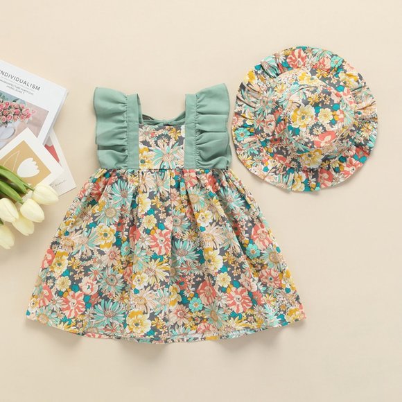 Other - Girls Floral Ruffle Easter Dress & Hat